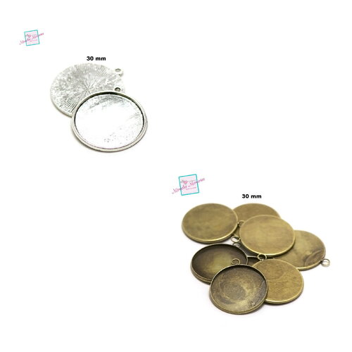 4 supports cabochon pendentif "ronde 30 mm", argenté / bronze
