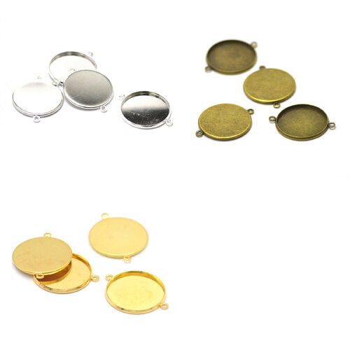 4 connecteurs supports cabochon "ronde 25 mm", argenté clair/doré/ bronze