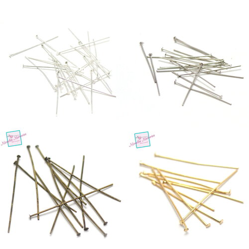 100 tiges 40 mm tête plat pour boucle d'oreille, argenté clair/argenté/bronze/doré