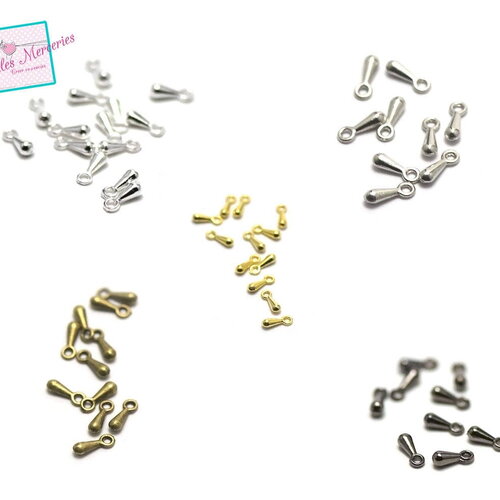 100 breloques "goutte" 7x2 mm, argenté clair/argenté/doré/bronze/gun-métal