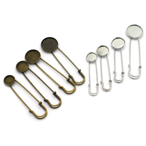 4 broche/épingles support cabochon ronde, argenté / bronze
