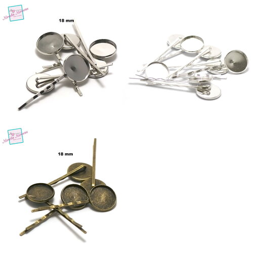 10 épingles à cheveux support cabochon 18 mm, argenté/argenté clair/ bronze