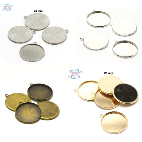 4 supports cabochon pendentif "ronde 25 mm", argenté strié/ argenté clair / doré / bronze