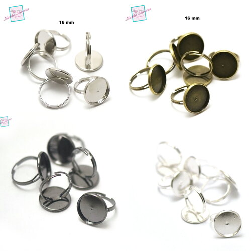 10 supports cabochons bague ronde 16 mm, argenté/ argenté clair/ bronze/ gun-métal