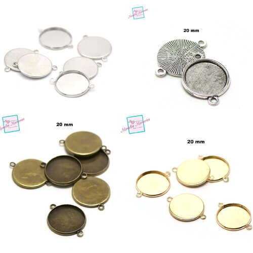 10 connecteurs supports cabochon ronde 20 mm, argenté / doré/ bronze