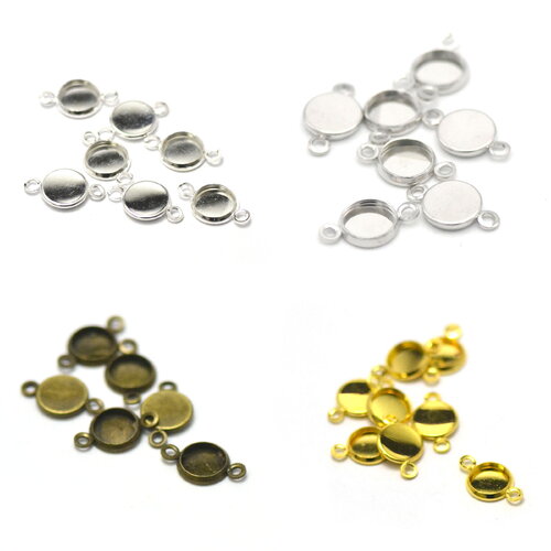 10 connecteurs supports cabochon ronde 8 mm, argenté / argenté clair / doré / bronze