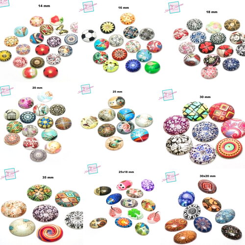 Lot de cabochons rond/oval en verre dôme  14/16/18/20/25/30/35/25x18/30x20/40x30 mm, motifs assorties