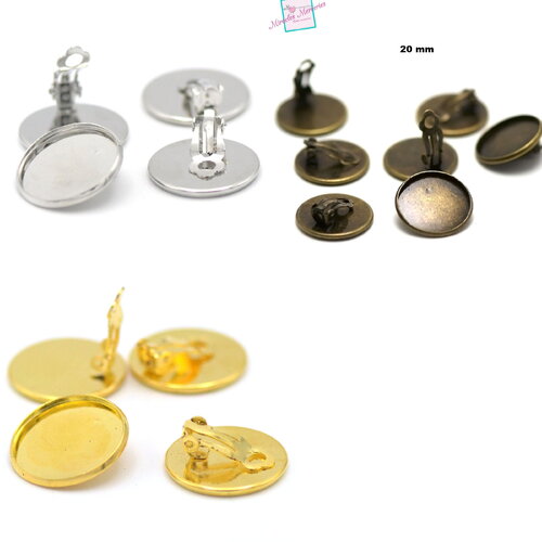 4 supports cabochon ronde 20 mm, boucle d'oreille clip, argenté/doré/bronze