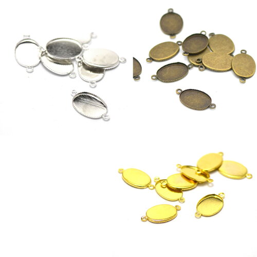 10 connecteurs supports cabochon ovale 18x13 mm, argenté clair/bronze / doré