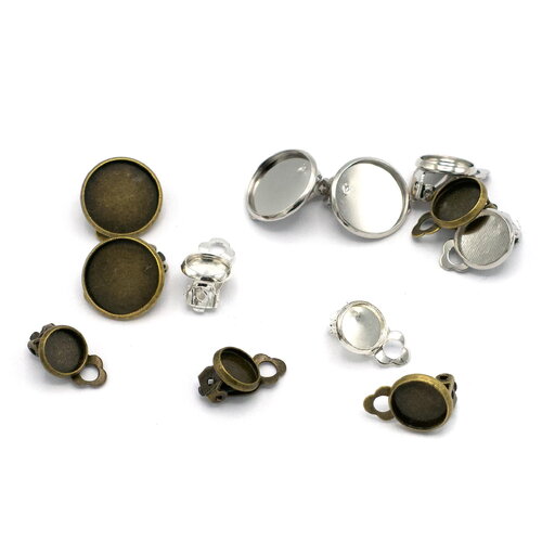4 ou 10 supports cabochon ronde boucle d'oreille clip, argenté / bronze / doré