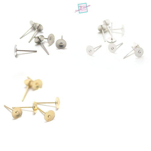 100 supports plats puces d'oreille 6mm, argenté/argenté clair/doré