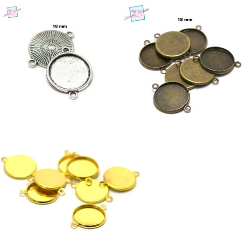 10 connecteurs supports cabochon ronde 18 mm, argenté strié / doré / bronze