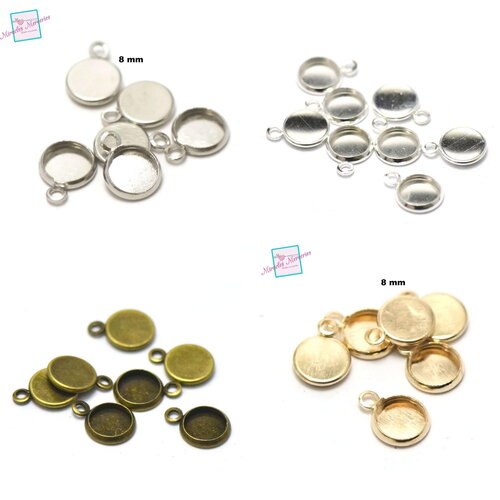 10 supports cabochon pendentif ronde 8 mm , argenté clair/ bronze