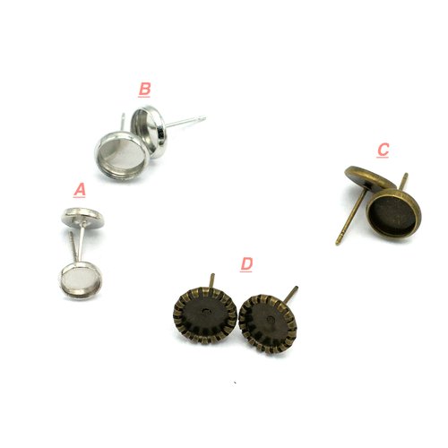 10 support cabochon "ronde" 6mm, 8 mm, boucle d'oreille puce, argent /argenté clair / bronze
