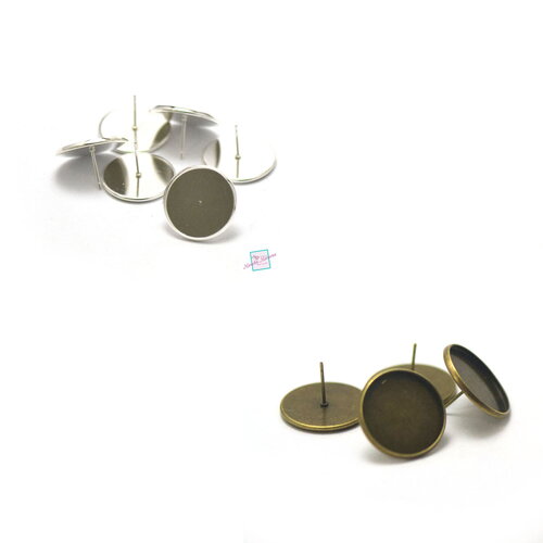 10 supports cabochon puce d'oreille "ronde 20 mm", argenté clair/ bronze
