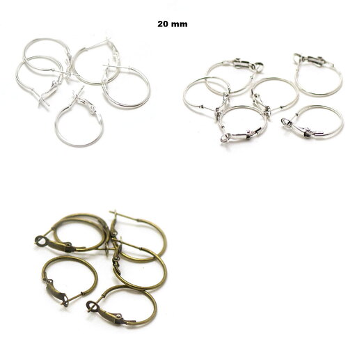 20 créoles  20 mm support boucle d'oreille, argenté clair/argenté/bronze
