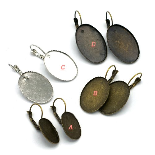 4 support cabochon "ovale", boucle d'oreille dormeuse, argenté / bronze