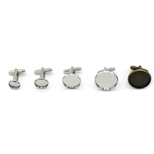 4 boutons de manchette supports cabochon ronde, argenté ou bronze