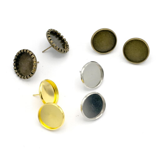 10 supports cabochon puce d'oreille "ronde 16 mm" droit, argenté / doré / bronze