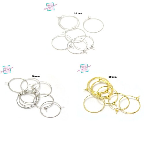 20 créoles à pointes 20 mm support boucle d'oreille, argenté clair / argenté / doré