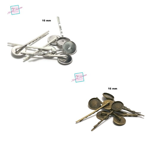10 épingles à cheveux support cabochon 16 mm, argenté / bronze