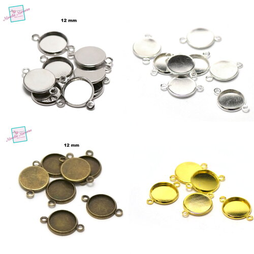 10 connecteurs supports cabochon ronde 12 mm, argenté clair / doré / bronze