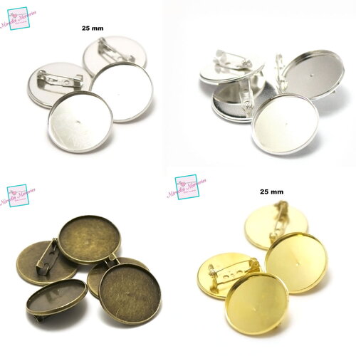 4 broches support cabochon ronde 25 mm, doré / bronze