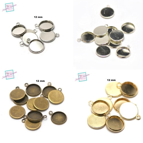 10 supports cabochon pendentif ronde 12 mm, argenté / argenté clair/ doré / bronze