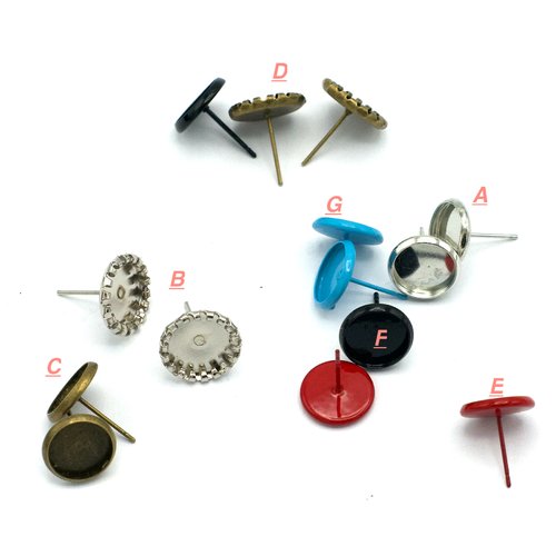 10 supports cabochon puce d'oreille ronde 10 mm, argenté/bronze, divers couleurs