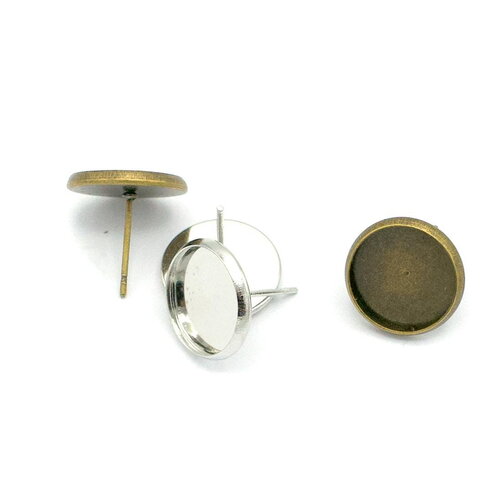 10 supports cabochon puce d'oreille ronde 12 mm, droit, argenté / doré / bronze