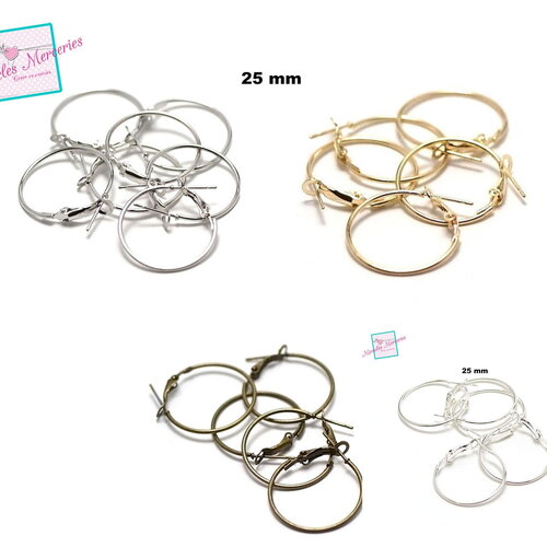 20 créoles 25 mm, support boucle d'oreille, argenté/bronze / argenté clair