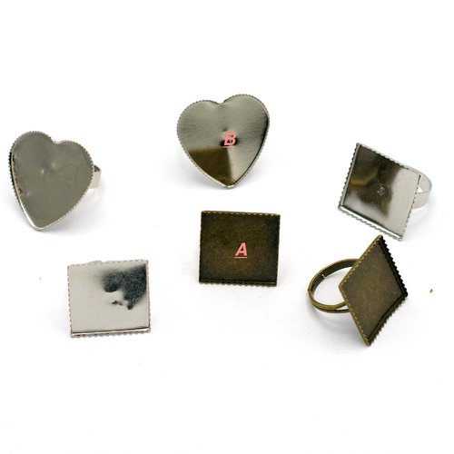 10 support cabochon bague carré 20x20 mm carré, argenté/bronze