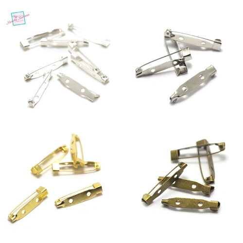 20 supports broches 2 trous 30x5x6 mm, argenté clair / argenté / doré / bronze