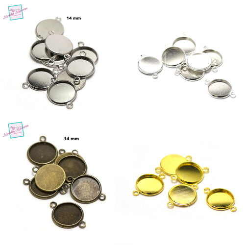 10 connecteurs supports cabochon ronde 14 mm, argenté/bronze/doré