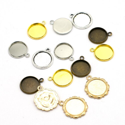 10 supports cabochon pendentif ronde 14 mm, argenté / argenté clair/ doré / bronze
