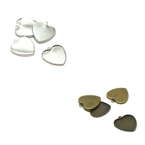 10 supports cabochon pendentif "coeur 20x20 mm" argenté / bronze
