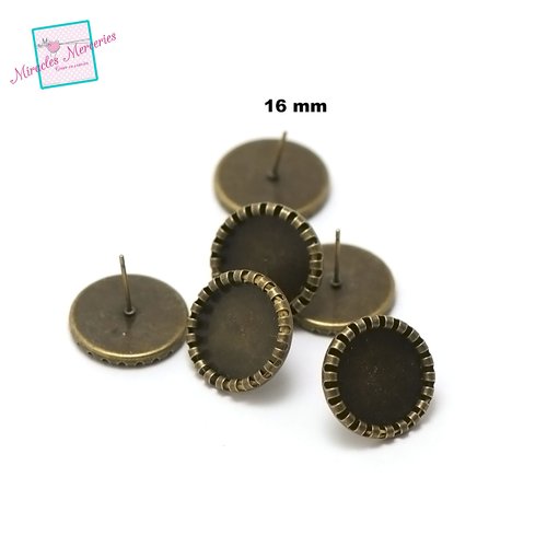 10 supports cabochon puce d'oreille "ronde 16 mm" dentelle, bronze