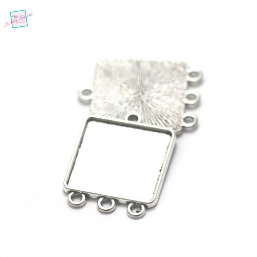 10 connecteurs supports cabochon 3 trous, carré, argenté