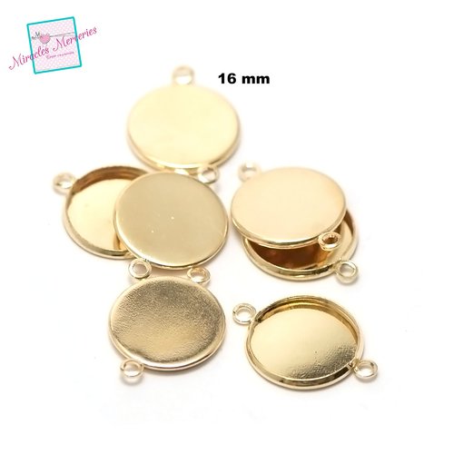 10 connecteurs supports cabochon ronde 16 mm, argenté strié / doré/ bronze