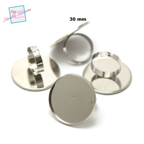 4 supports cabochons bague 30 mm ronde, argenté clair / bronze