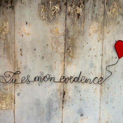 Mot en fil de fer, message phrase mur écriture citation " tu es mon evidence " 50 cm sculpture en fil de fer décoration murale