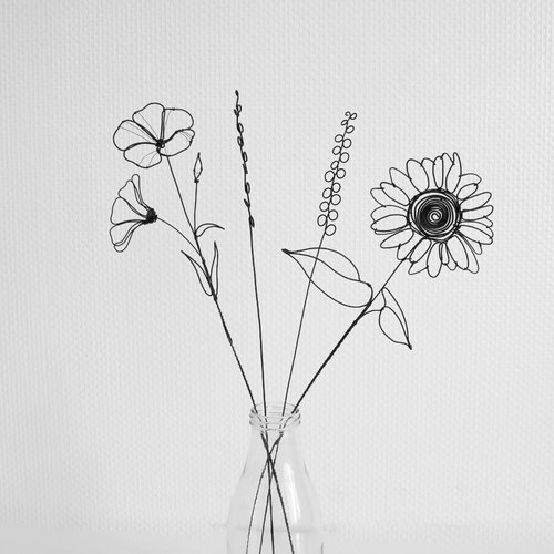 Bouquet de 4 fleurs en fil de fer recuit, fleurs vase floral, décoration florale, déco bohème nature, coquelicot, sculpture métal