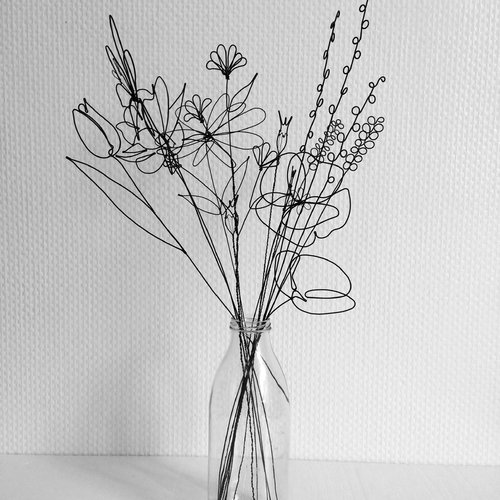 Bouquet 15 fleurs 2d en fil de fer recuit, fleurs séchées, décoration floral, déco bohème nature, capucine 3d, cadeau maitresse