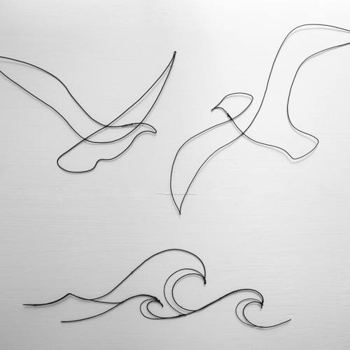 2 oiseaux et vague en fil de fer, mouette en fil de fer, décoration murale, décoration nature bohème, sculpture thème océan