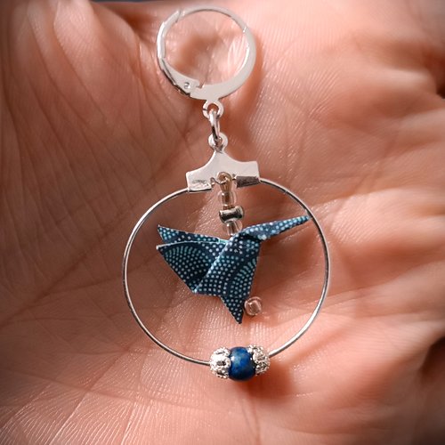 Boucles d'oreilles origami oiseaux mouches bleus