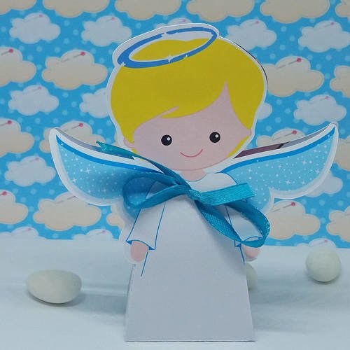 Boîte à dragées pour baptême ou communion de garçon en forme d'ange blond 