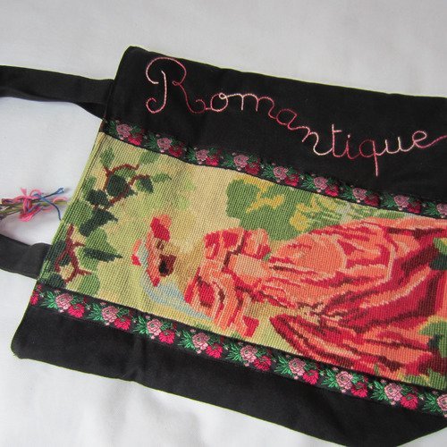Cabas tissu doublé canevas + broderie "romantique"