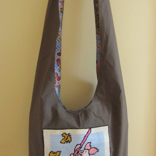 Sac tissu décoré canevas porcinet, winnie l'ourson