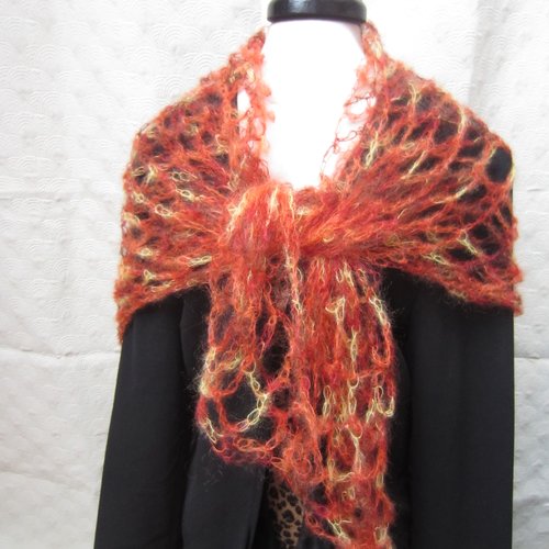 Echarpe camaieu rouille tricotée main laine kid mohair