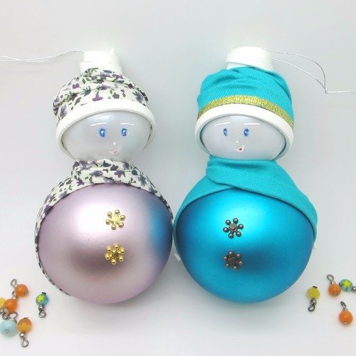 Duo Boules De Noël Pour Enfant Lot De 2 Bonhommes De Neige Fille Garçon Bleu Turquoise Et Mauve Idée Cadeau Enfant Bébé Noël Ou Naissance